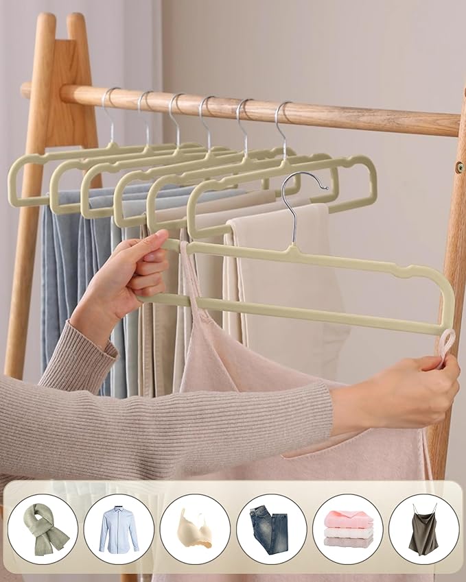 Velvet Hangers Non Slip - 20 Pack Pants Hangers for Closet - Thin Space Saving Clothes Hanger - Strong, Durable, Jean Perchas with 360 Degree Rotatable Hook for Tank Top (Beige Silver Hook)