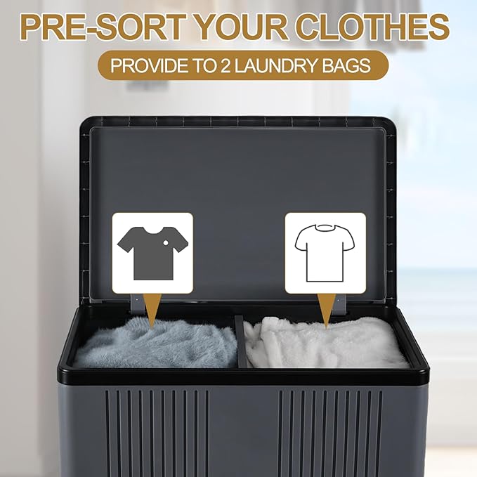 130 L Large Double Laundry Basket with Wheels Plastic, Rolling Laundry Basket with Lid and Removable Bag, Large Collapsible Laundry Hamper with 2 Sections, Gray