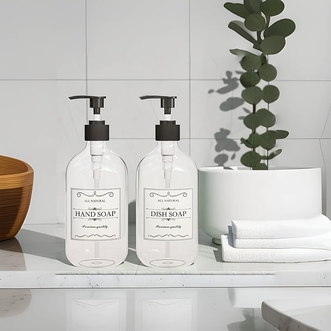2PCS Clear Dish Soap Dispenser for Kitchen with Rust Proof Pump (16 Oz), Premium Hand Soap Dispenser for Bathroom, Plastic Liquid Soap and Lotion Dispenser/Bottles Set, Waterproof Labels