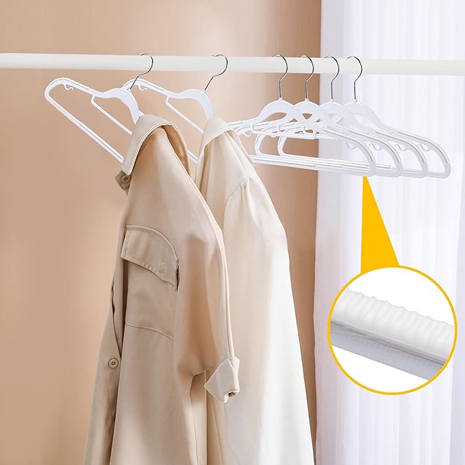 Quality Clothes Hangers 50 Pack - Non-Velvet Plastic Hangers for Clothes - Heavy Duty Coat Hanger Set - Space-Saving Closet Hangers with White Swivel Hooks - Functional Non-Flocked
