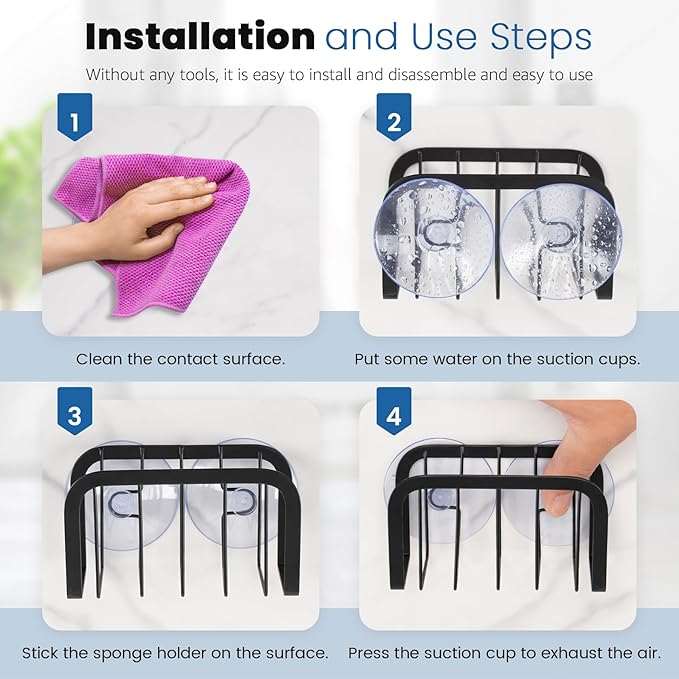 Sponge Holder for Kitchen Sink with Suction Cups, Kitchen Sponge Holder,Sink Caddy(Black)