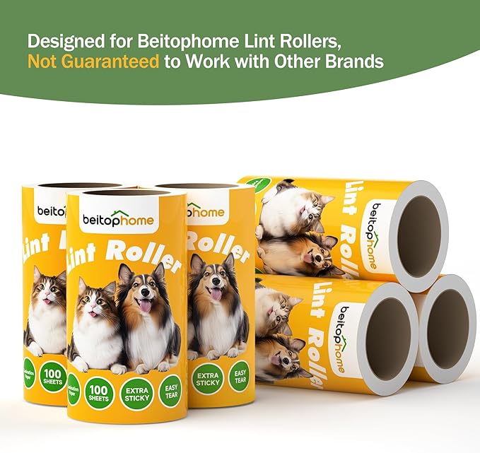 Beitophome Lint Roller Refills Only, 600 Sheets Lint Rollers with Tough Paper, Ideal for Dog and Cat Hair Removal, Lint Rollers Mega Value Set for Clothes, Carpet & Dust Cleaning