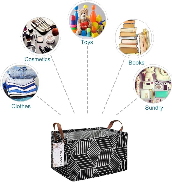 FANKANG Storage Basket,Nursery Hamper Canvas Laundry Basket Foldable with Waterproof PE Coating Storage, Office, Bedroom, Clothes,Toys (Rec-Black Cube)