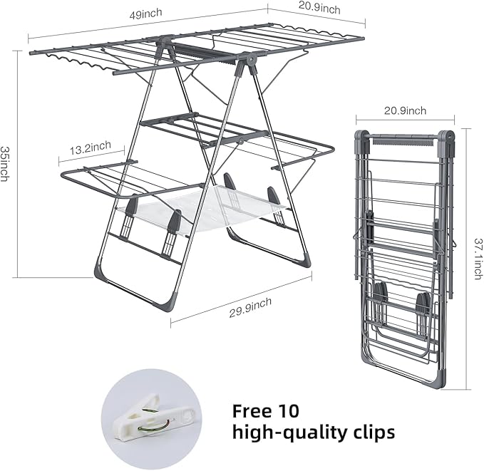 SZJoyBet Clothes Drying Rack, Foldable 2-Level Laundry Drying Rack for Clothes,Stainless Steel Drying Rack Clothing Collapsible for Indoor Outdoor,with Height-Adjustable Wings