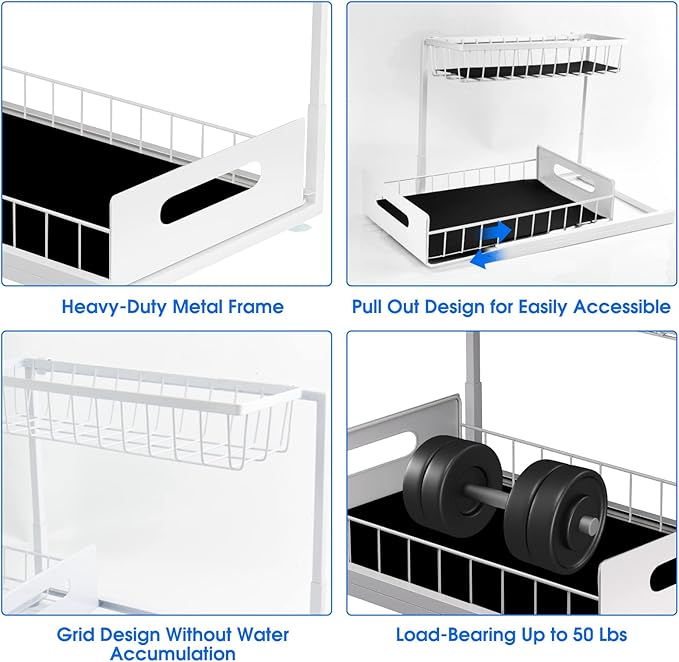 Under Sink Organizer, 2 Tier Pull-Out Cabinet Storage Shelf, Rust-Resistant Metal Organizer for Kitchen Bathroom Laundry Room, No Tools Installation, 1 Pack White