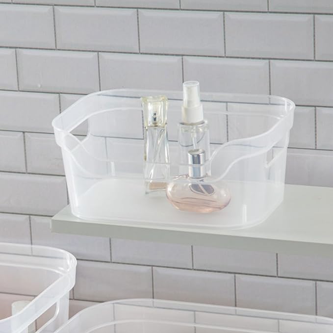 Sterilite 9.5 x 6.5 x 4 Inch Small Open Scoop Front Clear Storage Bin with Comfortable Carry Through Handles for Household Organization (32 Pack)
