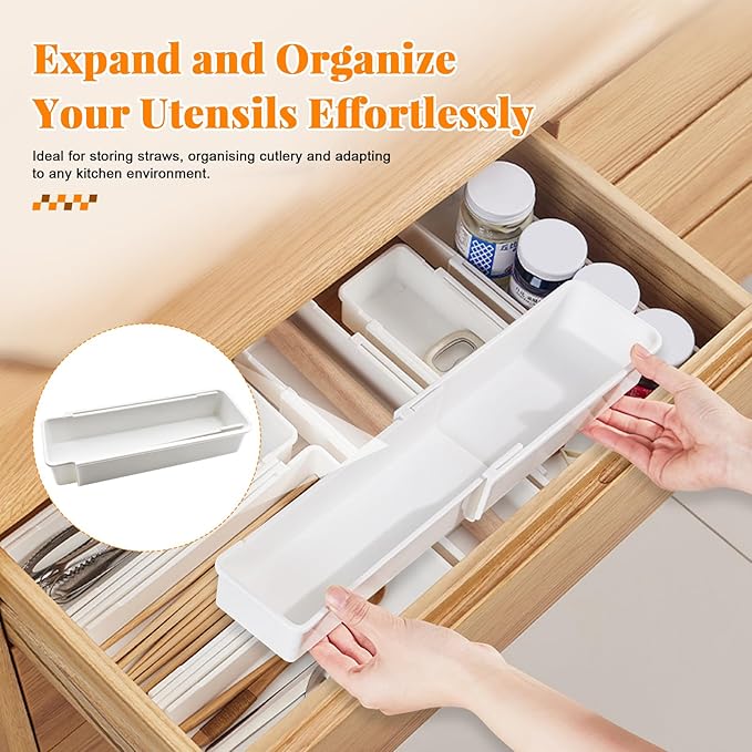 Expandable Silverware Tray for Kitchen Drawers, Adjustable Sliding Drawer Organizer Expands up to 16.33 Inches, Utensil Holder & Divider, Durable Plastic Bathroom Office Storage