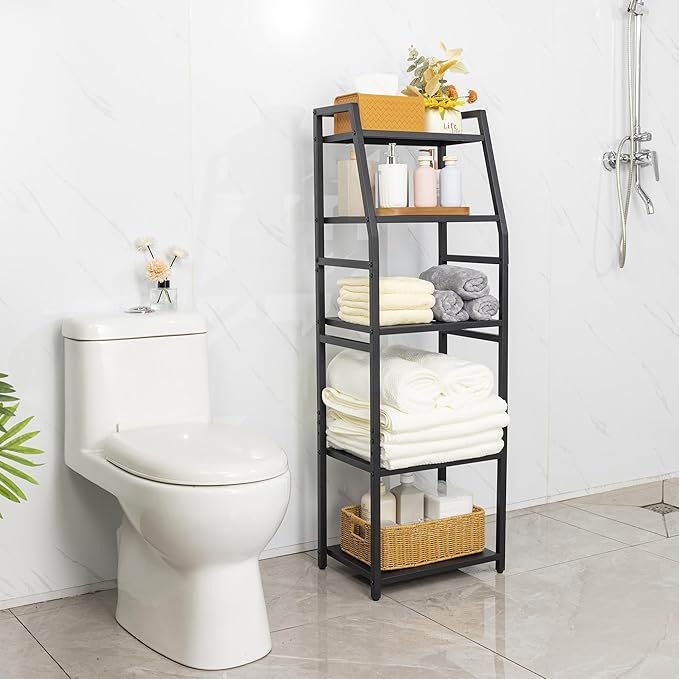 Aquzee Bathroom Storage Shelves, 5-Tier Tall Towel Racks Freestanding, Black Metal Standing Shelving Unit for Bathroom Toilet Living Room Organizer,15.75”W x 11.81”D x 47.24”H