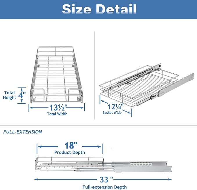 MODCART Pull Out Cabinet Organizer 13½" W x 18" D, Heavy Duty Cabinet Pull Out Shelves, Slide Out Drawers Organization for Kitchen Cabinets Bathroom