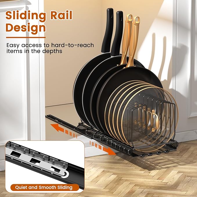 Housolution 2 Pack Pull Out Pot and Pan Organizer for Under Cabinet, Slide Out Pot Lid Organizer with 10 Adjustable Dividers, Sliding Pan Holder Storage Rack Inside Cabinet, Black