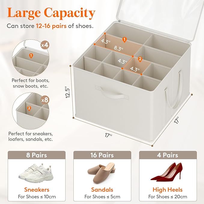 Lifewit Shoe Storage Organizer for Closet, Fabric Large Shoe Box Storage Containers with Clear Cover, Foldable Bins for Boots Heels Sneakers Fits 24-32 Pairs (Each 12-16 Pairs) 2 Pack White