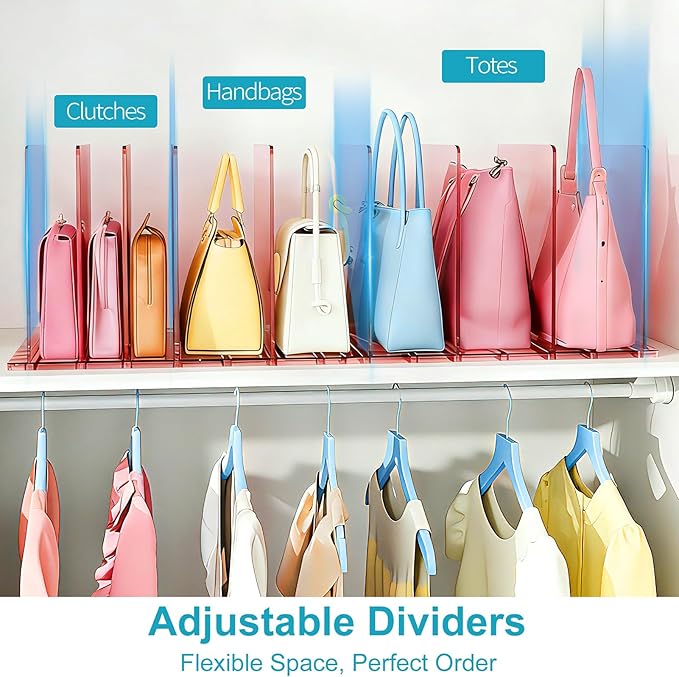 Purse Organizer for Closet: Shelf Dividers Adjustable Acrylic Bag Closet Organizers and Storage Pink 4 Bases 14 Shelves