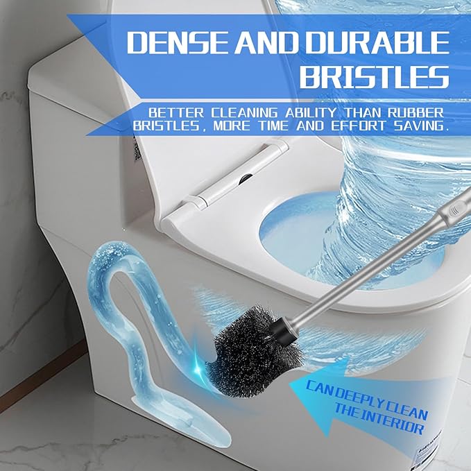Toilet Brush and Holder 4 Pack with Long Handle - Non-Slip Grip Toilet Bowl Brush Set for Deep Cleaning Bathroom, Toilet Scrubber- Gray