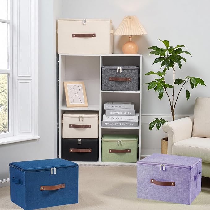 Storage Bins with Zipper Lid Foldable Fabric Lidded Storage Boxes Baskets Cubes Washable Collapsible PU Leather Handle Cotton Linen Shelves Closet Organizer Container(Purple, Small Size)