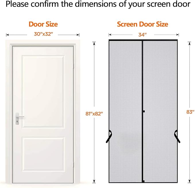 Sunolga 34 x 83 Inch Magnetic Screen Door, Fits Doors Size 32 x 82 Inch, Reinforced Fiberglass Screen Door Mesh with Full Frame Hook & Loop, Door Screen Magnetic Closure for Hands-Free