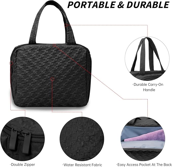 SUNRISING Travel Toiletry Bag, Lightweight Large Wide-open Travel Bag for Women, Puffy Cosmetic Makeup Bag Organizer with Handle for Accessories Essentials Toiletries - Black