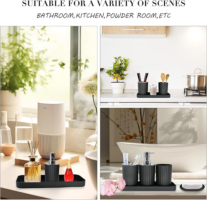 Black Bathroom Accessories Set, 9-Piece Bathroom Accessory Sets Complete with Trash Can, Shower Curtain, Vanity Tray, Soap Dispenser, Soap Dish, Toothbrush Holder, Toothbrush Cup and Toilet Brush