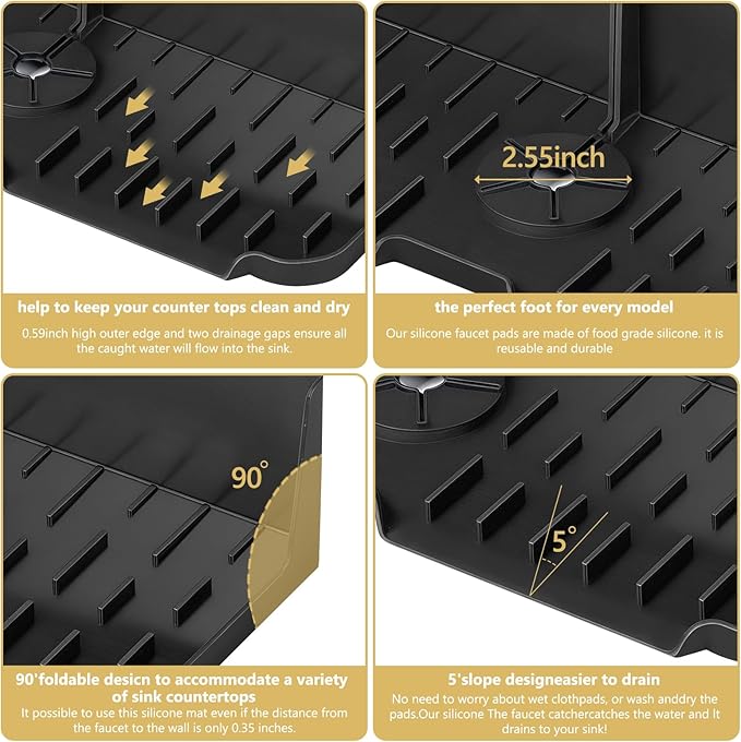 Sink Splash Guard Behind Faucet, Silicone Sink Faucet Drying Mat & Dish Soap Sponge Holder, 17" x 5.5" Silicone Kitchen Sink Auto Drain Organizer (Black)