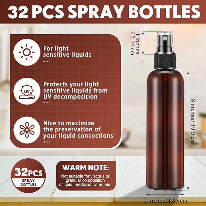 Eccliy 32 Pcs 8 oz Spray Bottles Fine Mist Cleaning Bottles Clear Empty Plastic Travel Sprayer Refillable Sprayer with Cap for Cleaning Solutions Oils Travel Perfumes(Amber,Clear)