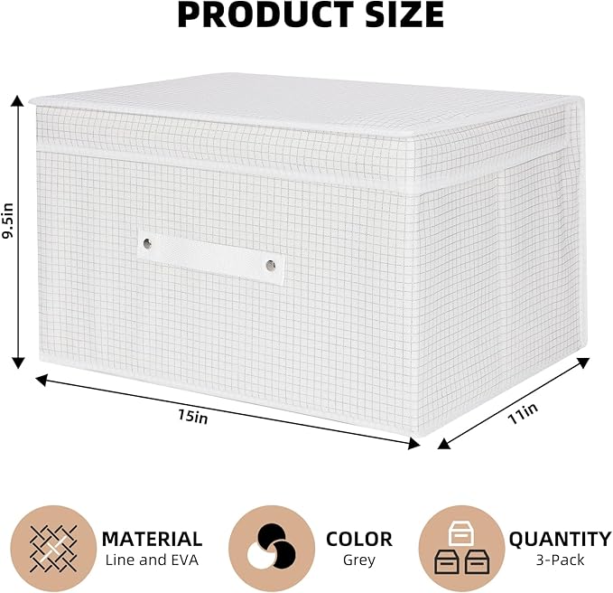 DUHEL Storage Bins 3 Pack, Fabric Storage Basket for Collapsible Medium Canvas Storage Baskets for Organizing Shelf Nursery Home Closet . (White&Blue-3PCS) (White Grid-3PCS)