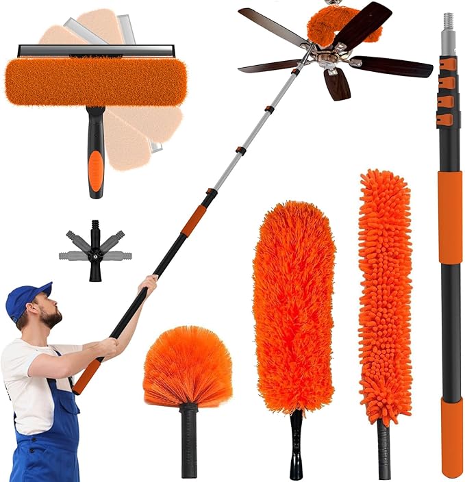 Buyplus 26FT Reach Dusting Kit, Long Duster with 5-20FT Extension Pole for High Ceilings, Cobweb Duster, Microfiber Duster, Window Squeegee, Extendable Duster Cleaning Kit