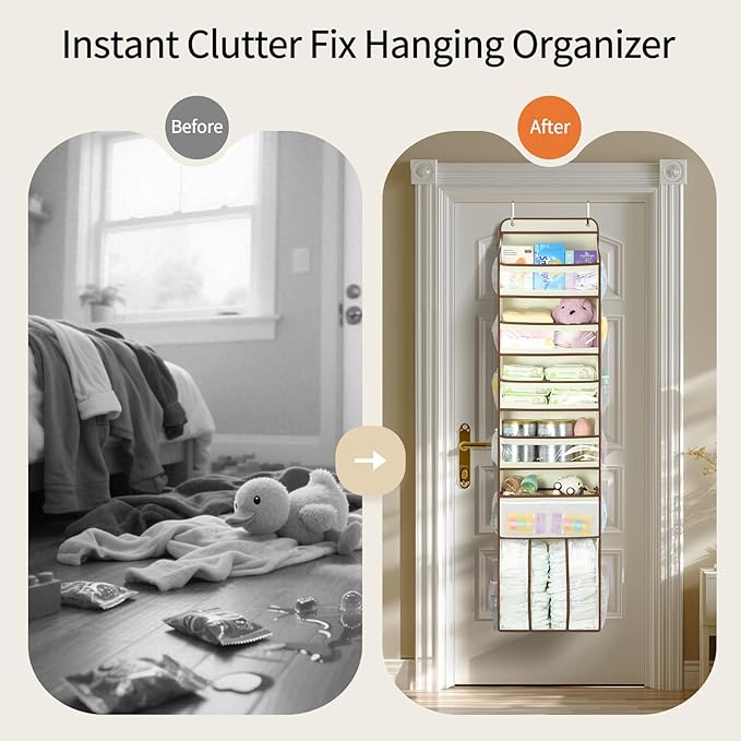 Yecaye 6 Tier Over The Door Organizer with Detachable Bin, Stuffed Animal Storage with Clear PVC Windows, Door Organizer Hanging for Bedroom Nursery Closet Dorm Room Laundry Pantry Bathroom, Beige