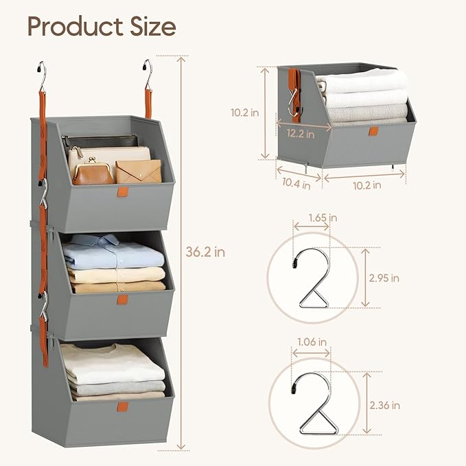 Collapsible Hanging Closet Organizer - 6 Tier Closet Shelves Storage System with Hooks, Fabric Hanging Storage Bins for Clothes, Foldable Storage Basket for Laundry, Bedroom, Rv, Grey