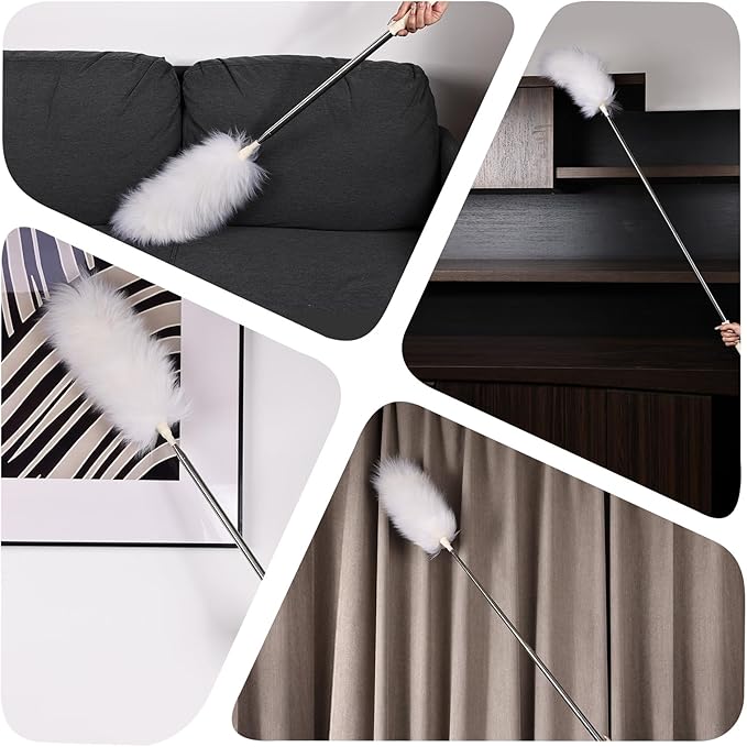 Extendable Lambswool Duster 29-110 Inch,Anti-Static Flexible Head, Stainless Steel Pole for Cleaning High Ceiling,Fan,Furniture,Roof Dusting