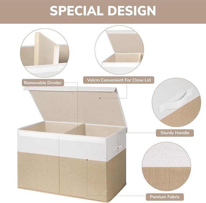 INDRESSME 25"x13"x16" Toy Box Toy Storage Organizer with Lid Collapsible Sturdy Toy Chest, Foldable Toy Bin for Living Room, Playroom, Bedroom, Toy Baskets Storage Kids, Boys, Girls (Beige & White)