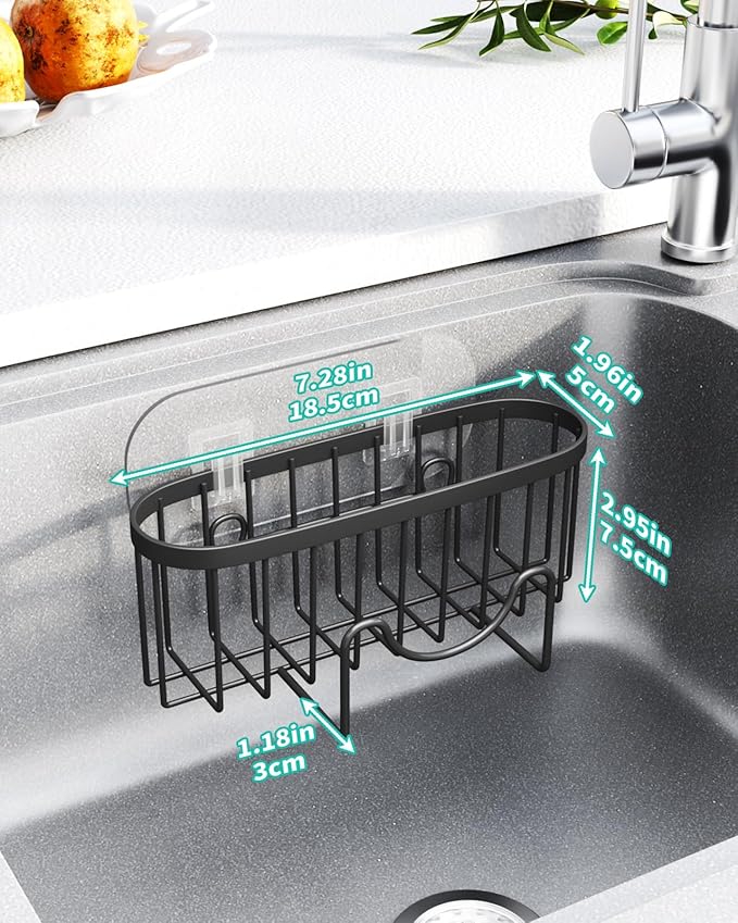 HapiRm Kitchen Sponge Holder for Sink - 2 Installation Methods Kitchen Sink Caddy Organizer with Unique M-Shaped, Rustproof Stainless Steel Sponge Caddy - Black（Large）