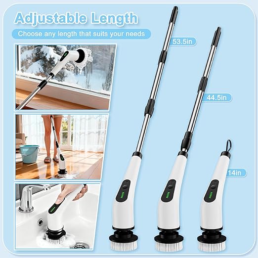 Homlab Electric Spin Scrubber, Cordless Cleaning Brush with 8 Replaceable Brush Heads, Shower Scrubber with Adjustable Extension Handle, Waterproof Power Scrubber for Bathroom Tile Floor Tub Car Walls