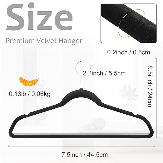Whitmor Premium Velvet Hangers 50 Pack, Heavy Duty & Non-Slip Hangers with 360° Swivel Hooks, Space Saving Hanger, Durable Closet Organizers for Coats, Pants, Dresses, Black