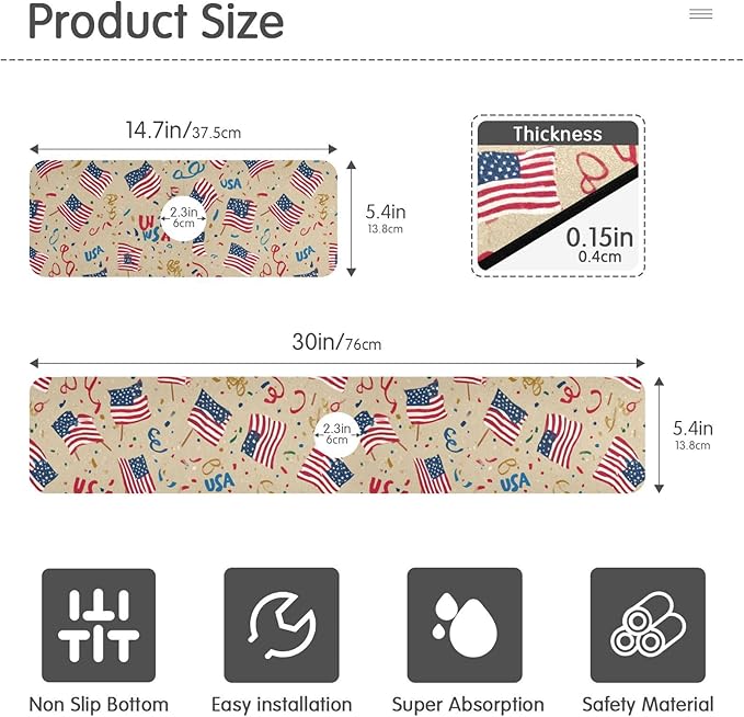 Kitchen Sink Splash Guard 1 PC 30 Inch Sink Faucet Mat Splash Guard for Bathroom Countertop Water Absorbent Foldable Cuttable Soft Washable Brown Patriotic American Flags
