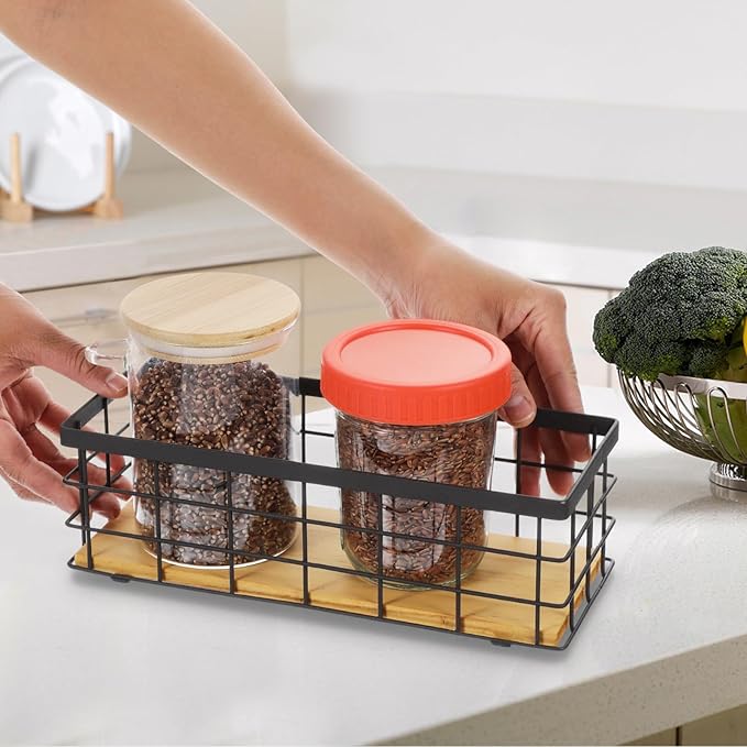 Set of 2 Small Wire Baskets, Narrow Black Metal Storage Bins for Bathroom Counter & Kitchen, Farmhouse Rustic Organizer Trays for Pantry, Office, RV, Countertop Decoration