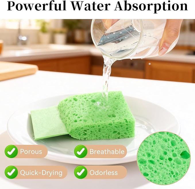 6 Pcs Kitchen Sponges for Dishes Cleaning, Non Scratch for Non Stick Cookware, Compressed Natural Cellulose Sponges, Dish Washing Scrubbers, Scrubbing Pads for Household, Bathroom (Green)