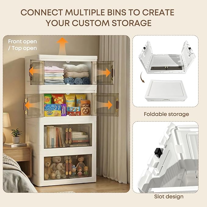 MOONEDGE 140QT Stackable Plastic Storage Bins with Lid & Handles, Foldable Collapsible Closet Organizer with Magnetic Doors and Side Locking, 4 Tier for Living Room, Office, Garages