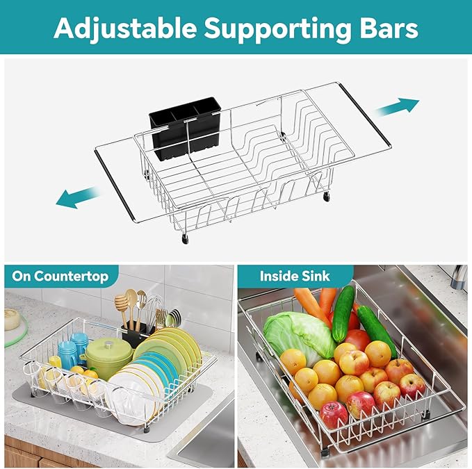Simple Trending Expandable Dish Drying Rack in Sink, Adjustable Dish Drainers for Small Kitchen, Counter Inside Sink, Over The Sink with Utensil Holder