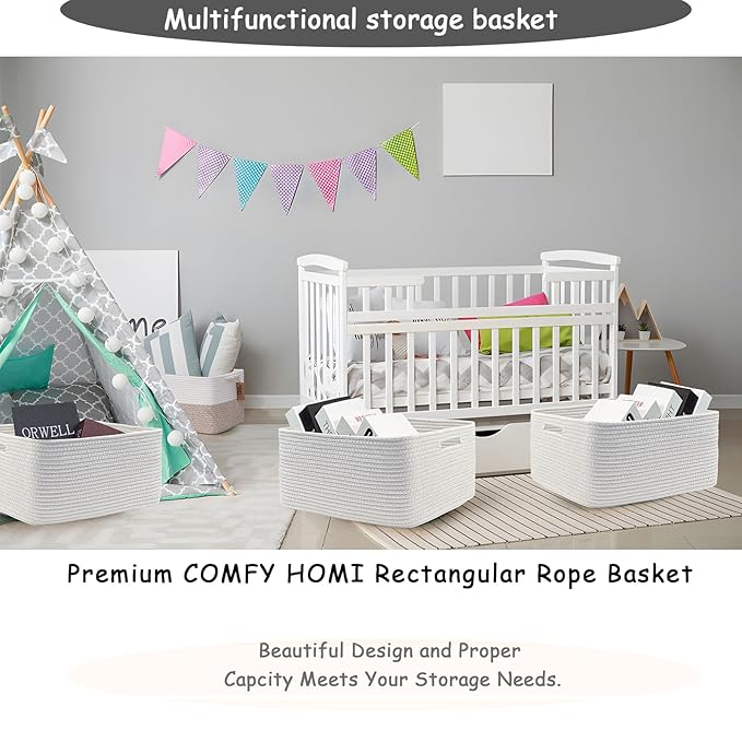 COMFY-HOMI 2 pcs Large Storage Baskets for Shelves, Laundry Basket, Woven Rope Basket, Closet Organizer Bins for Clothes Blanket Towels, Baby Nursery, Gift Toy Baskets, 17” x 13” x 7.5”-White