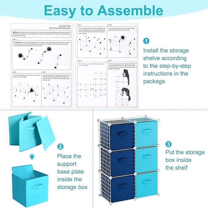 Leinuosen 6 Cube Storage Organizer with Fabric Bins, Wire Grid Stackable Shelves, Drawer Closet Organizer, Modular Storage Units for Bedroom Living Room Office Clothes Toys Crafts(White,Blue)