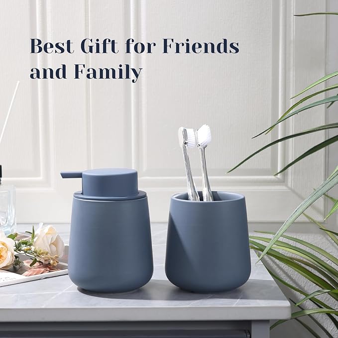 INGOFIN 12 oz Ceramic Toothbrush Holder, Toothpaste Holder and Cup for Bathroom Vanity and Countertop, Organizer for Cosmetic, Makeup, Office Pencils, for Hotel and Apartment, Matte Blue
