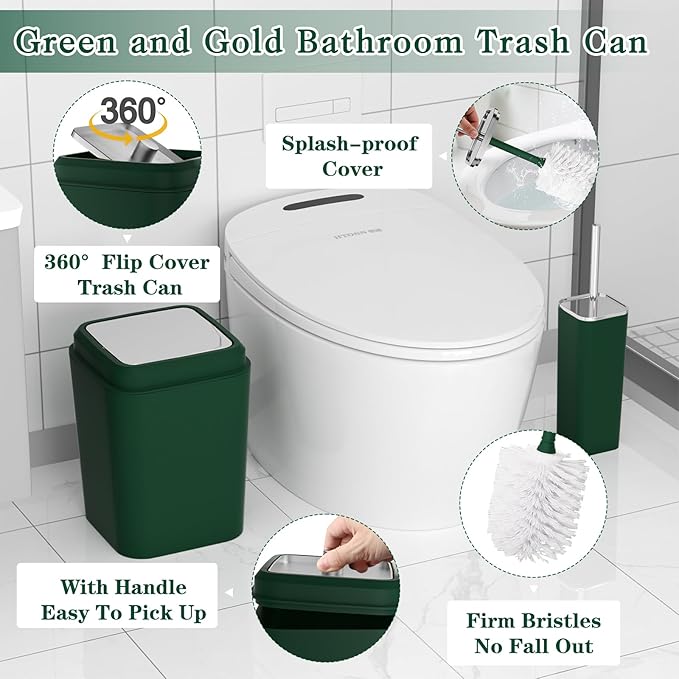 Dark Green Bathroom Accessories Set, Green Bathroom Set with Trash Can, Toothbrush Holder, Toothbrush Cup, Soap Dispenser, Soap Dish, Toilet Brush Holder, 2 Qtip Holder Dispensers and Tray