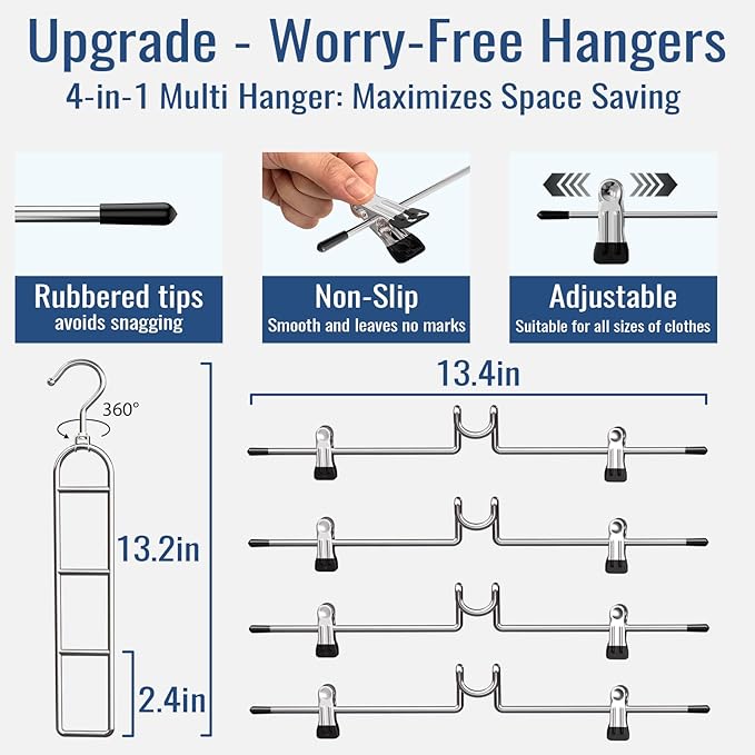 Pants & Skirt Hangers with Clips, Newly Upgraded Detachable Space Saving Hangers, 4-Tiers Skirt Hangers for Women - Hanging Closet Organizer and Storage-2pack, Patent Pending