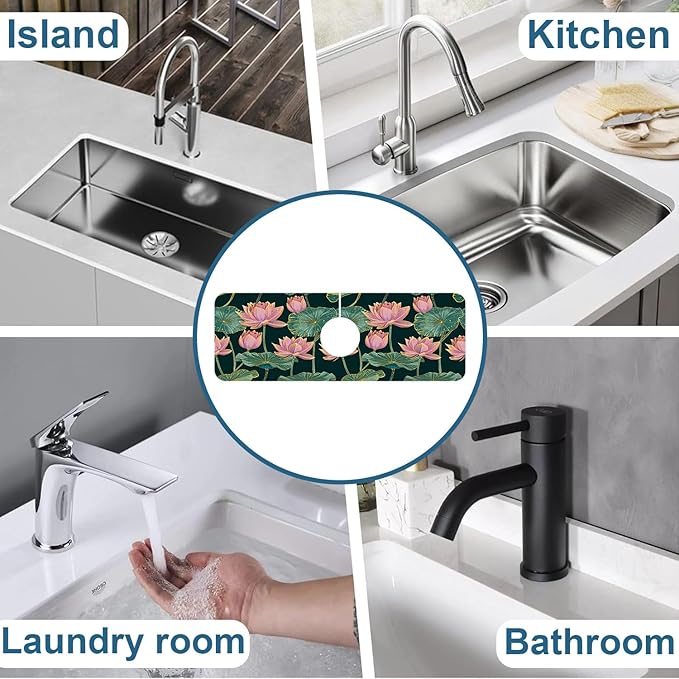 Lotus Pond Pattern Sink Splash Guard Faucet Mat Lotus Flowers Leaves Super Absorbent Fast Drying Mat Sink Gadgets-Splash Guard Behind Faucet Drip Catcher for Kitchen Bathroom, 15.5"x5.5"