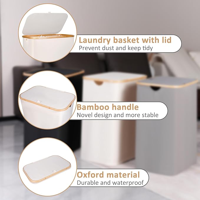 150L Laundry Basket with Lid, Large Laundry Hamper with Bamboo Handle, Collapsible Dirty Clothes Hamper Organizer with 2 Removable Inner Bags for Clothes Toys Towels - Beige