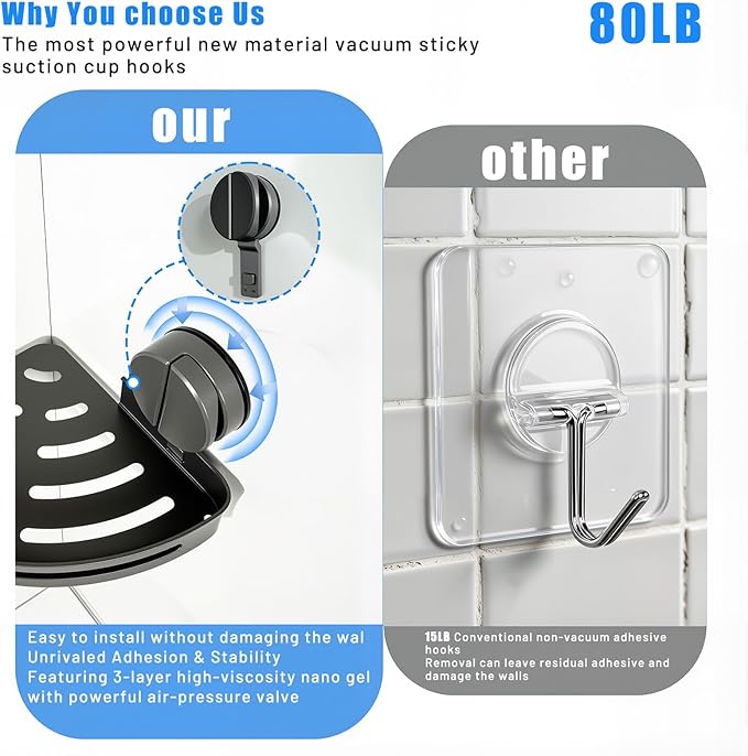 XXKMDXW Corner Shower Caddy Suction Cup Shower Shelf Corner No Drilling Bathroom Shower Organizer Storage Rack Suction Cup Type with Towel Bar Hooks
