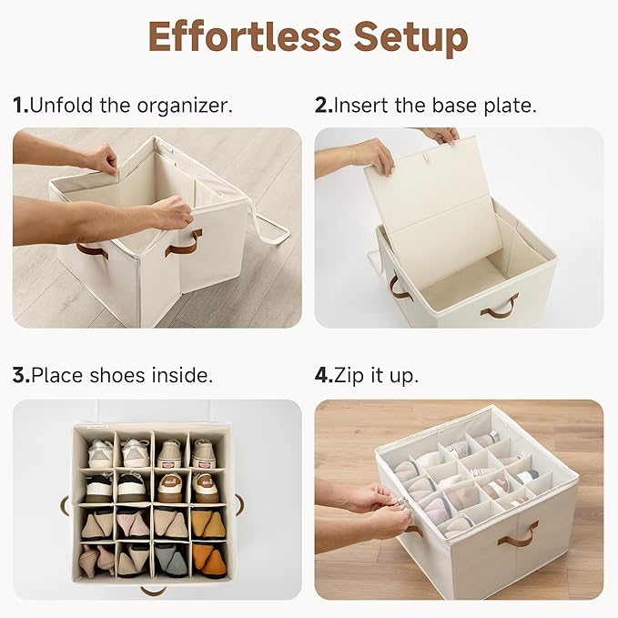 StorageWorks 2 Pack Shoe Organizer for Closet, Foldable Shoe Storage Box with Adjustable Dividers, Fabric Shoes Container, Stackable Storage Bins for Boots, Sneakers, Fits up to 16-32 Pairs, Beige