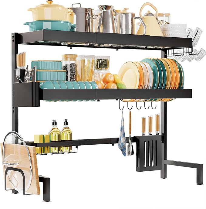 Over The Sink Dish Drying Rack, Expandable 3-Tier Stainless Steel Kitchen Storage Organization Accessories for Countertop, Rustproof & Space-Saving, 31.5"–39.5" L x 12" W x 33" H, Black