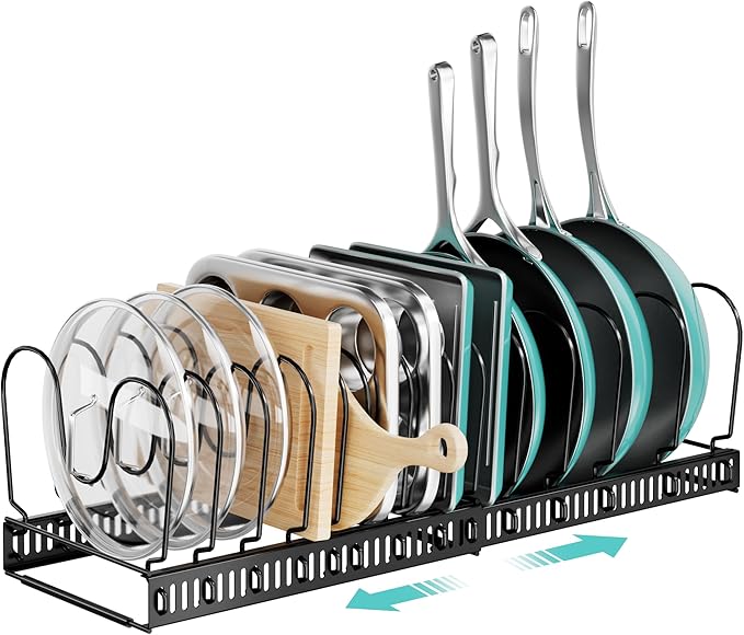 ORDORA Pots and Pans Organizer under Cabinet with Pot Lid Organizer, Expandable Rack for Pan and Pot Organizers Inside Cabinet, 11.8"-22.8" Adjustable with 14 Dividers for Kitchen Organization, Black