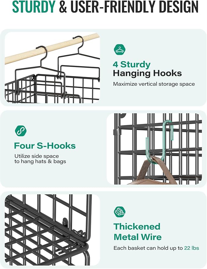 Hanging Closet Organizer, 4 Tier Metal Closet Organizers and Storage with 4 Hanging Hooks 4 S-Hooks for Wardrobe Laundry Room, Wire Storage Shelf for Clothes Sweaters Pants (Black)