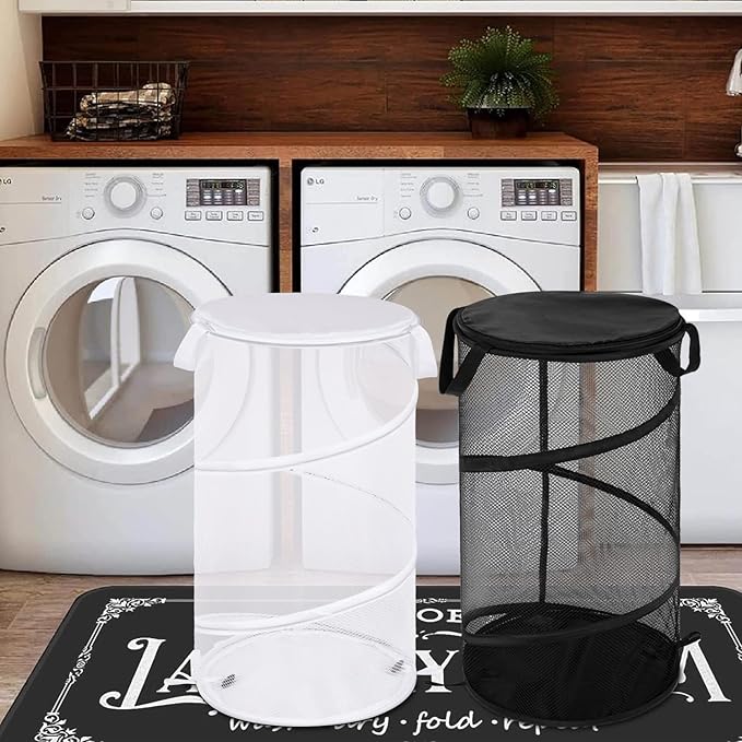 BATTOO 2 Pack Large Collapsible Laundry Basket with Lid Foldable Mesh Pop Up Hamper with Handles for Laundry Room, Bathroom, Kids Room, College Dorm, Travel, Storage Organizer Black+White